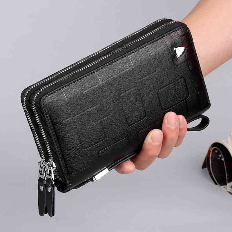 

Luxury Brand Men Clutch Genuine Long Purse Double Zipper Money Clip Black Business Cow Leather Wallet Male Handy Bag, Black 2 zippers