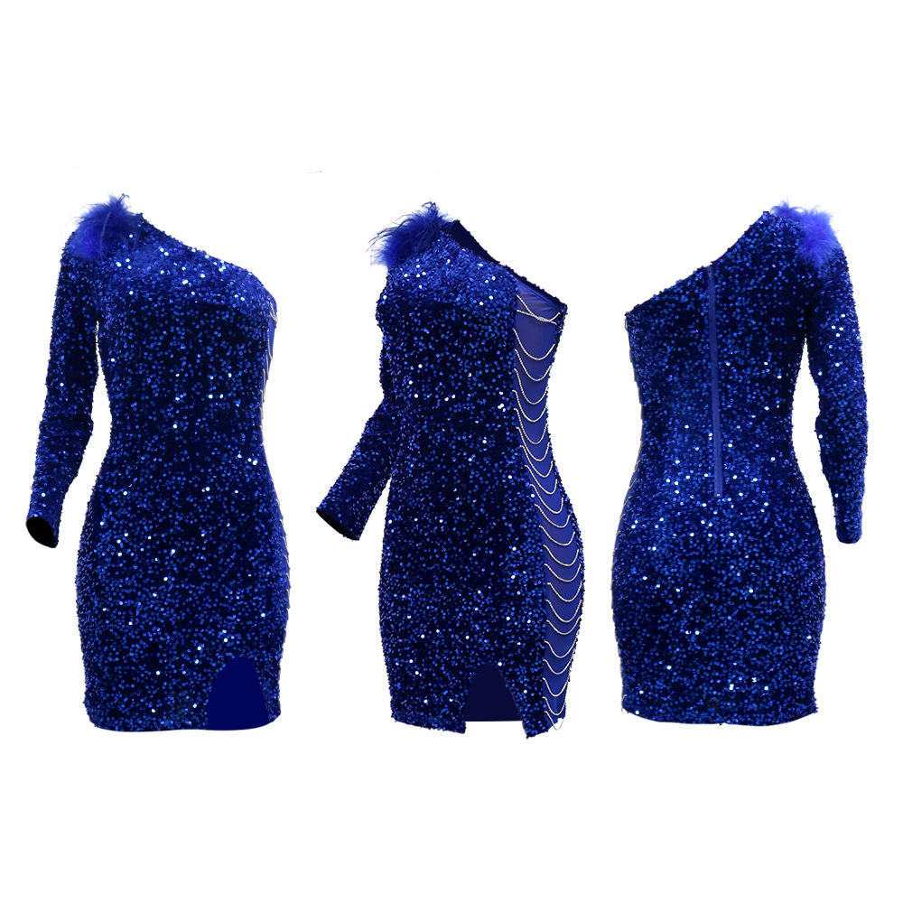 Sexy Mini Short White Royal Blue Evening Dress 2022 One Shoulder Feather Black Girls Prom Dresses Long Sleeve Glitter Sequin Cocktail Party Vestido De