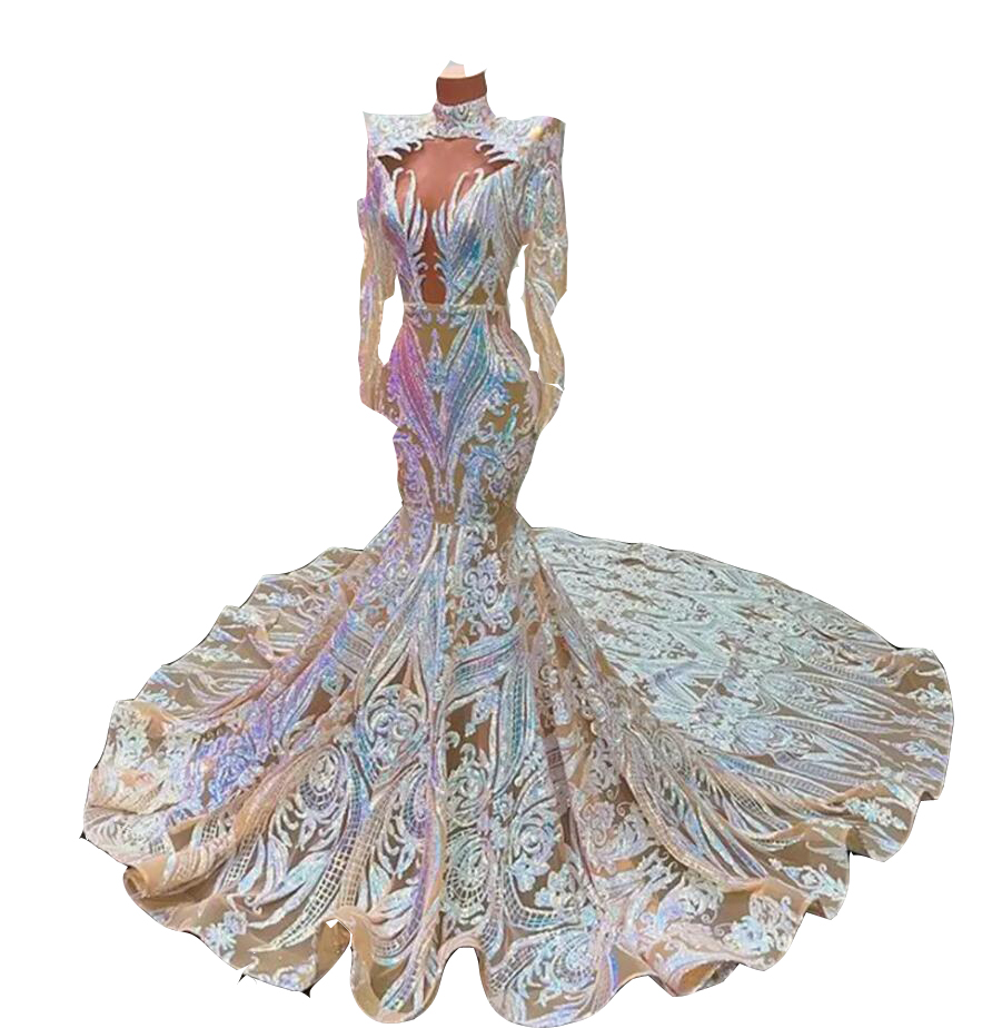 2022 Sparkly Sequined Lace Mermaid Prom Dresses Long Sleeves African Sequins Appliqued High Neck Illusion robe de bal Fishtail Sweep Train Evening Gow