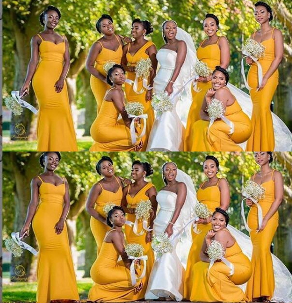 2022 Mermaid yellow Bridesmaid Dresses African Summer Garden Countryside Wedding Party Maid of Honor Gowns Plus Size Custom Made Sweetheart Spaghetti 