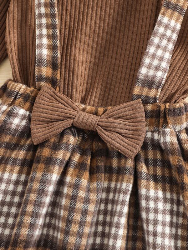 Toddler Girls Ruffle Trim Tee With Plaid Bow Front Pinafore Skirt SHE