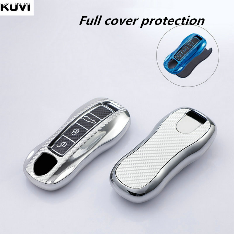 Carbon Fiber Grain TPU Car Key Case Remote Protect Frame Cover For Porsche Cayenne Panamera 911 992 971 Carrera Taycan