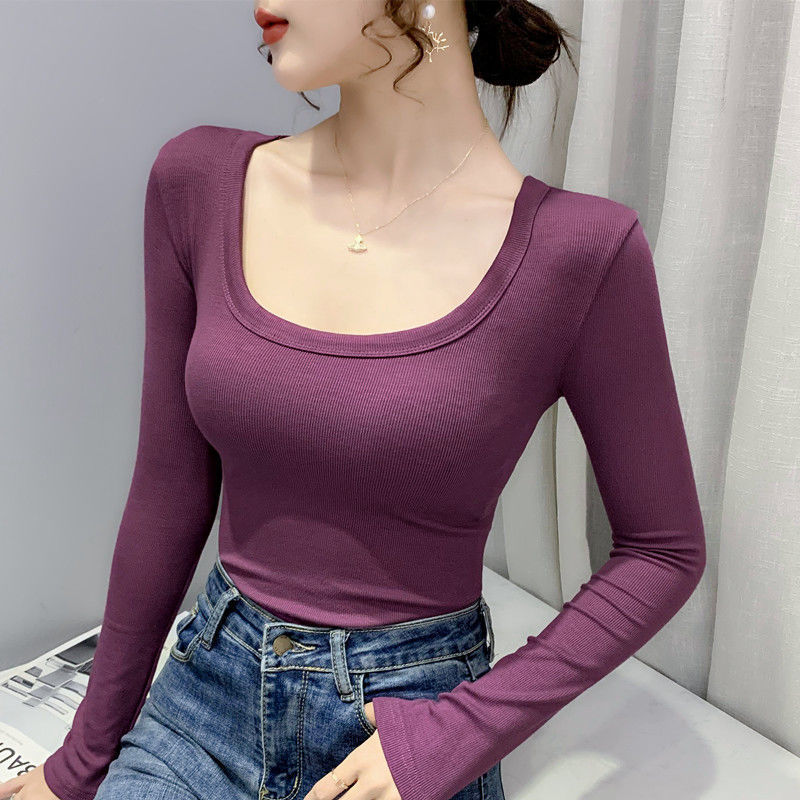 Women Long Sleeve Sexy T-Shirt Autumn U Neck Solid Rib Knit Basic Tee Tops Slim Fashion Korean Female Pullover T-shirt 220328