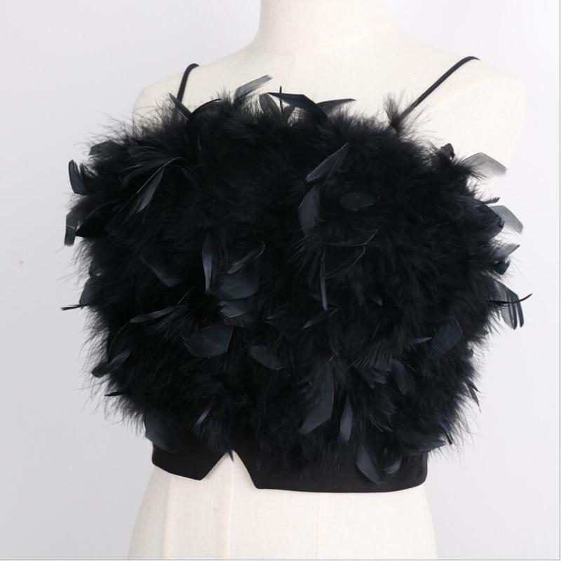 Fashion Women Sexy Furry Tops Camis Casual Tank Vest Sleeveless with Real Ostrich Feather T02 220325