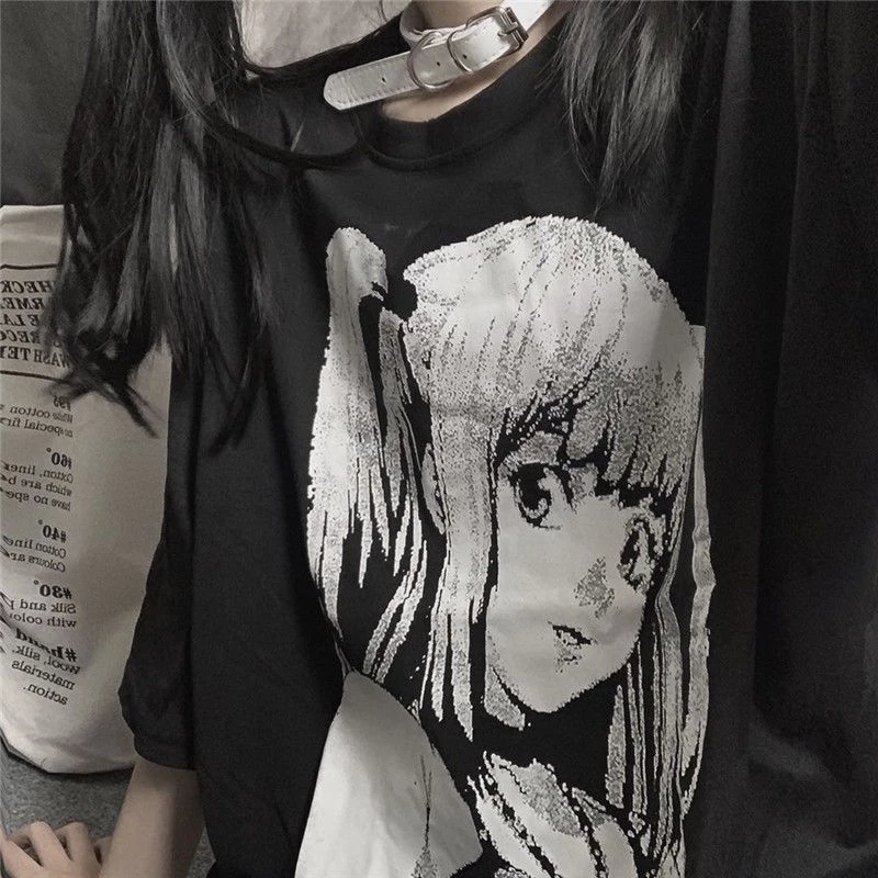 QWEEK Manga Anime Print T-shirts for Women Japanese Style Black Oversized Graphic T-shirt Mall Goth Tops Dark Academia 220321