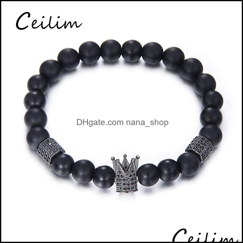 Beaded Strands Bracelets Jewelry Luxury High Quality Micro Pave Black Cz Zirconia Gold King Crown Charm Bracelet Men Dl Polish Matte Stone