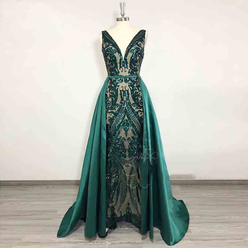 Sparkly Sequin Emerald Green Evening Dress With Detachable Train Arabic Dubai Mermaid Prom Dress 2 in 1 Plus Size V Neck Party African Women Vestidos 