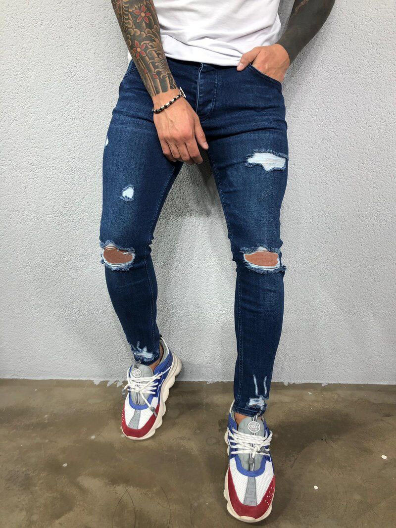 Men Jeans Black Blue Cool Skinny Knee Hole Ripped Stretch Slim Elastic Denim Pants Solid Color High Street Style Trousers Man 220408
