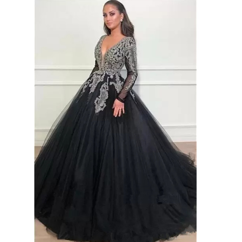 Sexy Black Ball Gown Long Sleeves V-Neck Evening Dresses Classic Appliques Beads Top Prom Dresses Formal Party Pageant Dress Custom Made