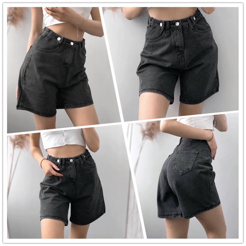 FTLZZ Summer Women High Waist Button Wigh Leg Jeans Shorts Casual Female Loose Fit Blue Denim 220629