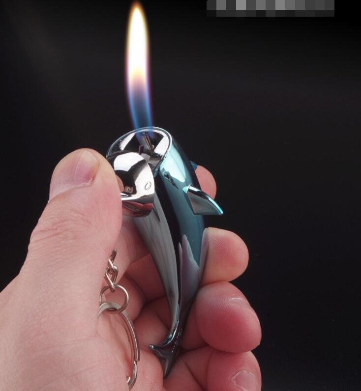 Newest Dolphin Shaped Fire Lighter Keychain Ring Inflatable No Gas Metal Cigar Butane Cigarette Flame Lighters Smoking Tool Home Decorative W260202