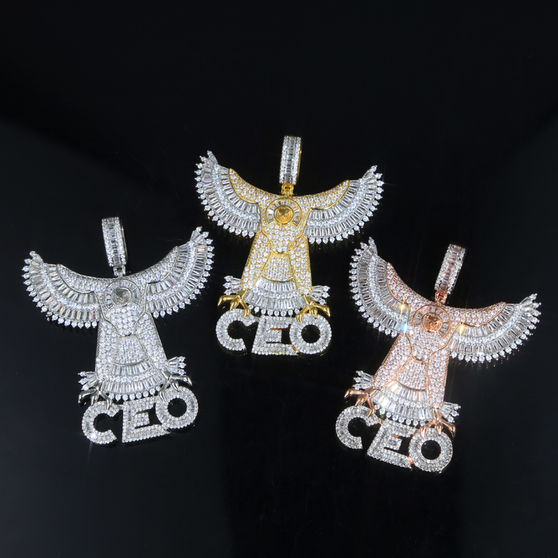 Rose gold silver plated Letter CEO Eagle Pendant Necklace with Rope chain Iced Hip Hop Men Charm Necklaces Jewelry Paved 5A Cubic Zircon Stones For Pa