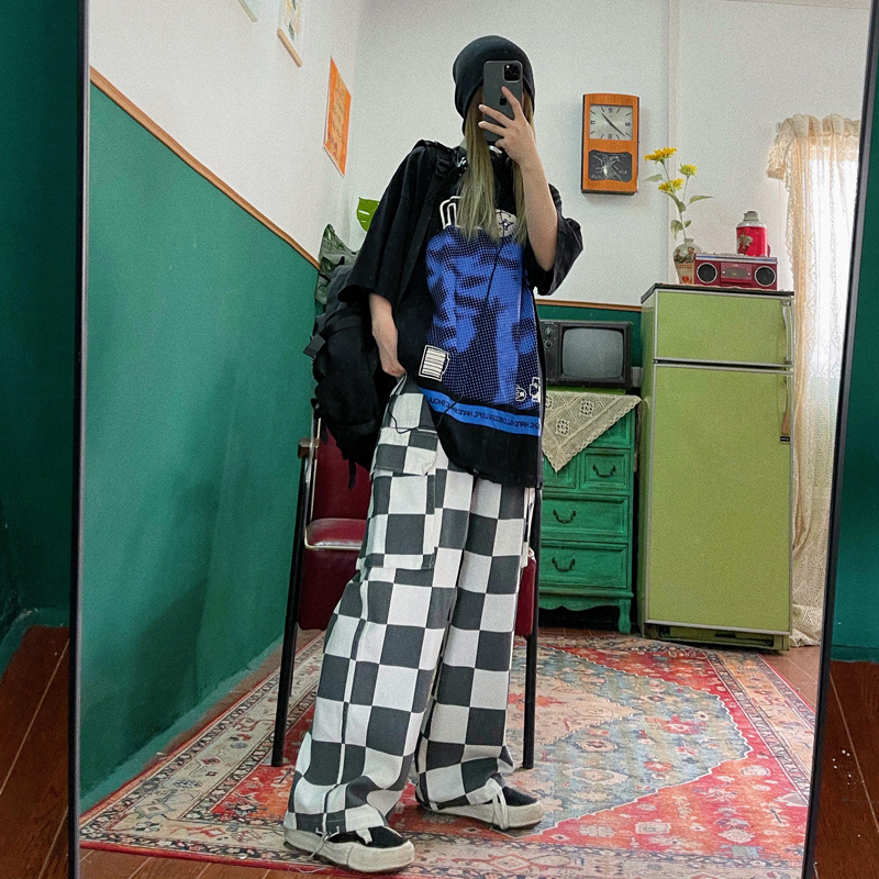 HOUZHOU Cargo Plaid Pant Hippie Harajuku Y2k Oversize Baggy Checked Trousers Female Streetwear Wide Leg Korean Fashion 220325