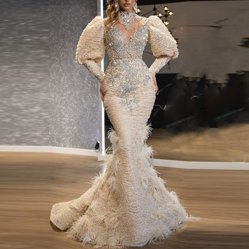 Luxurious Mermaid Prom Dresses Sexy V Neck Long Sleeves Sequins Embroidery Appliques Beads Feather Lace Floor Length Plus Size Formal Party Gowns Cust