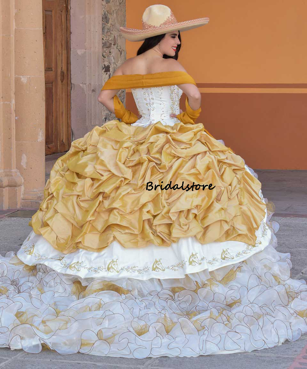 Luxury White With Gold Quinceanera Dresses Charro Tiered Ruffle Mexican Sweet 16 Years Old Birthday Party Gowns Dance Prom Wear Vestido De 15 Anos 202