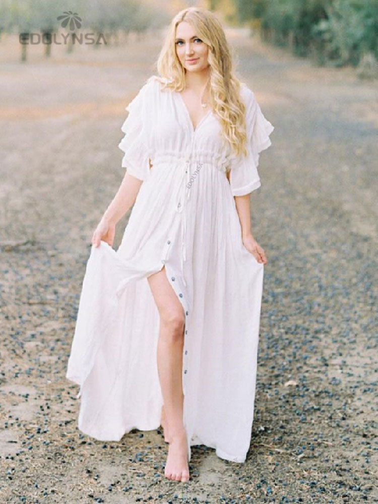 Sexy Bikini Cover-ups Long White Tunic Casual Summer Beach Dress Elegant Women Plus Size Beach Wear Swim Suit Cover Up Q1208 220504