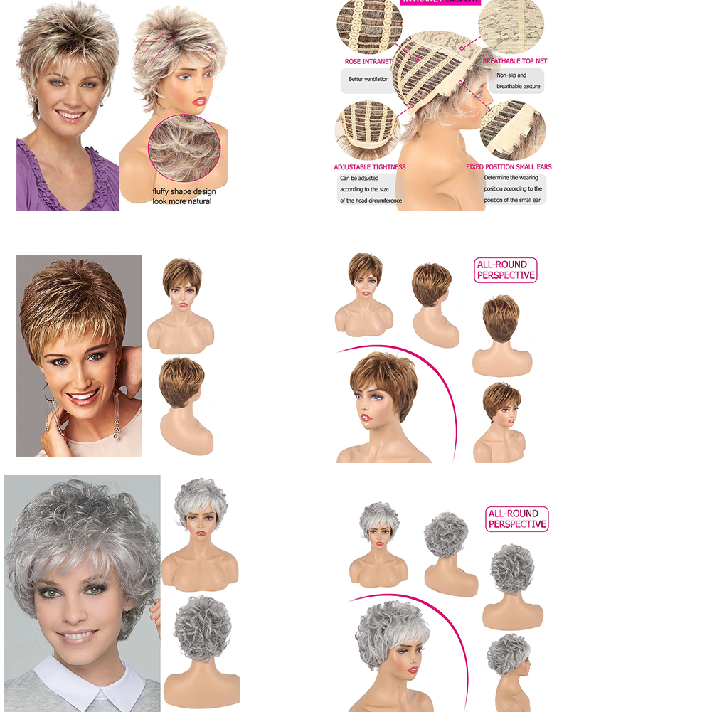 Fashion Short Blonde Wigs for White Women Pixie Cut Wigs with Bangs Brown Mixed Honey Hair Wig Highlights Synthetic