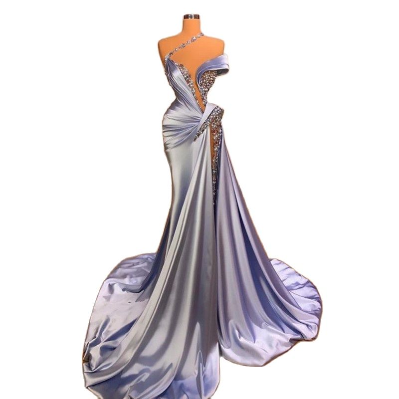 Luxury Crystals Mermaid Evening Dress One Shoulder Split Prom Gown Long Satin Party Dress Custom Made Formal Robe