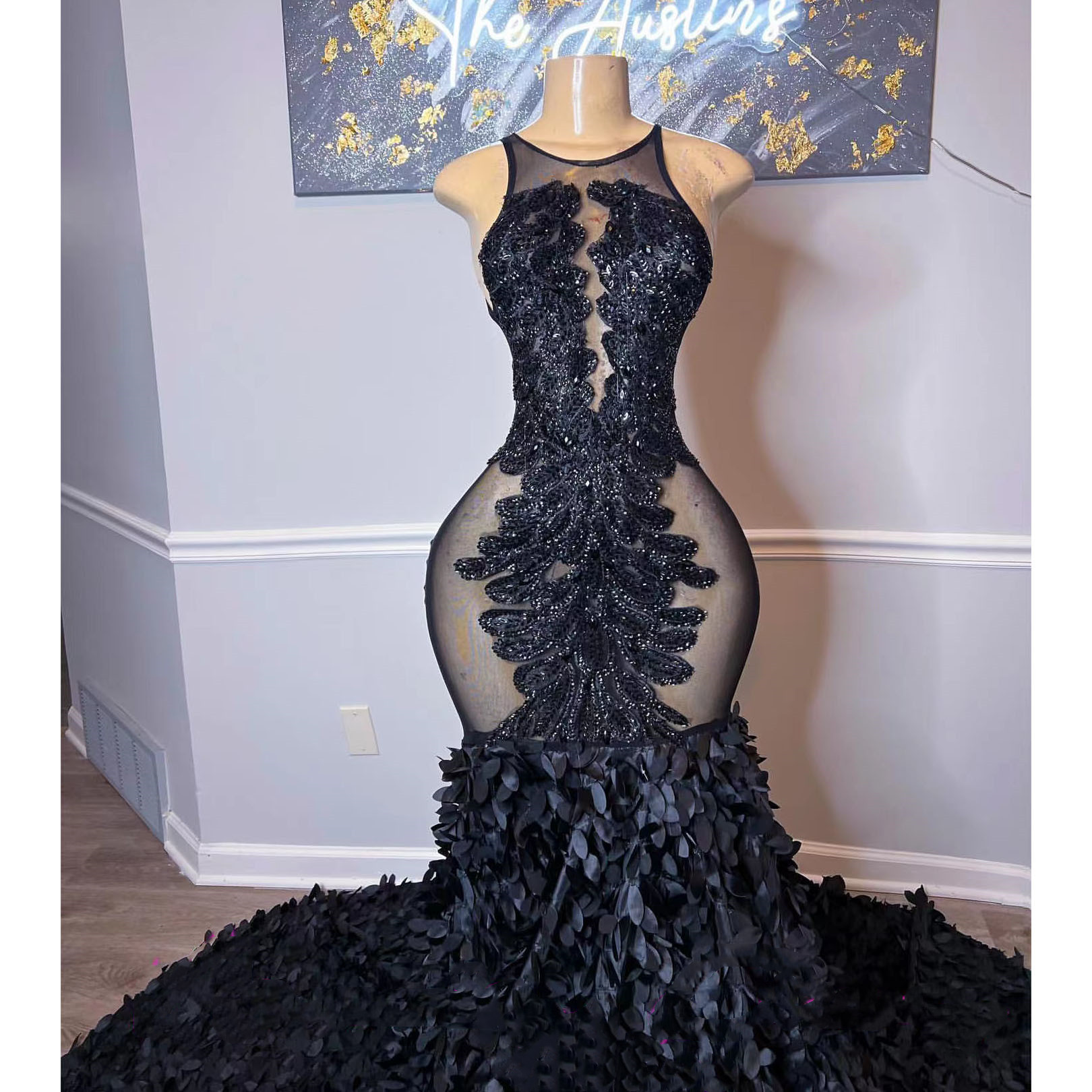Sexy Black Mermaid Prom Dress For African Girl 2022 Beading Sequined Sleeveless Appliques Party Evening Dress Illusion Graduation Gowns