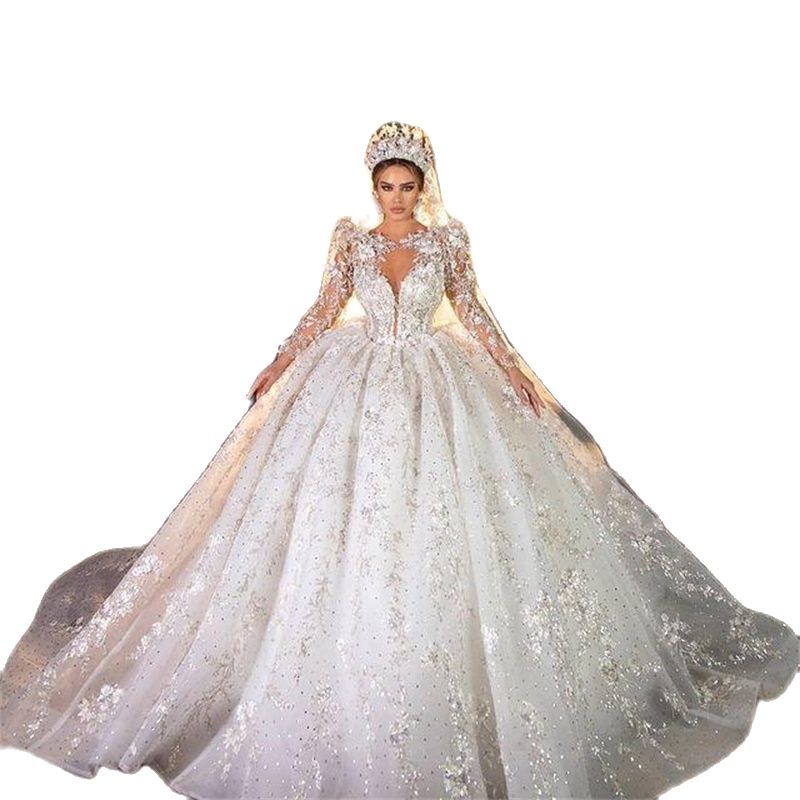 Ball Sparkling Princess Wedding Dresses V Neck Long Sleeves Ruffles Lace Sequins Appliques Floor Length Bridal Gown Vintage Plus Size Robes De Soiree 