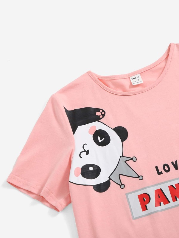 Girls Letter & Panda Print Tee & Letter Tape Side Leggings SHE