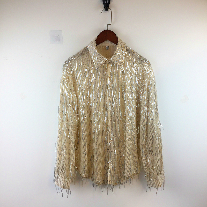 Gold Black Sequins Perspective Tassel Loose Long Sleeve Shirt Men's Singer Dancer Performance See Through Fringe Shirts