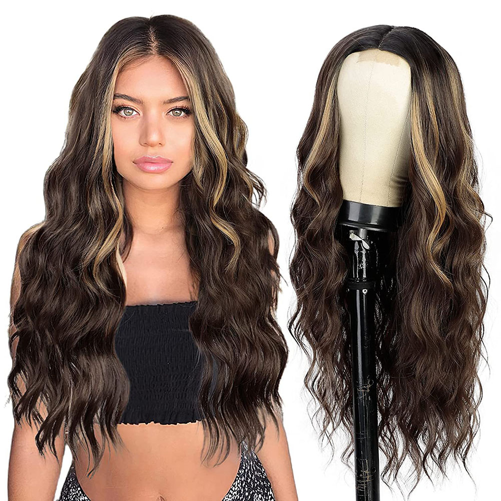 Beautiful Long Big Wave High Temperauter Fiber Lace Front Brown Blond Black Wigs for Woman