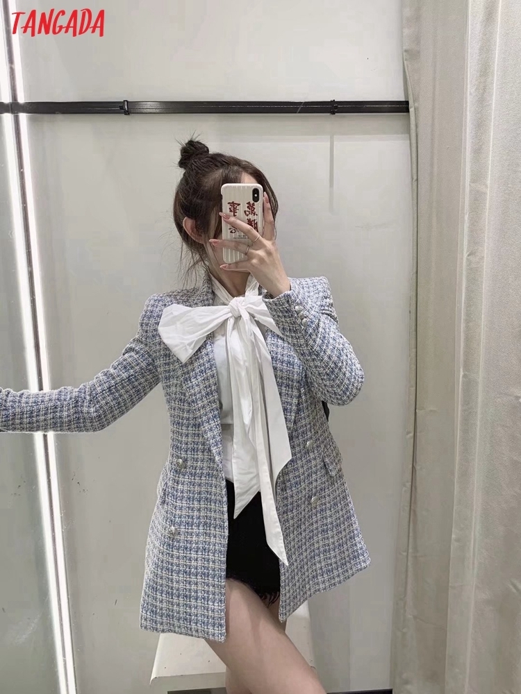 Tangada Women Winter Office Lady Blue Tweed Thick Blazer Coat Vintage Double Breasted Female Outerwear BE579 220402