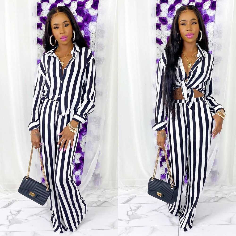 women's new black and white striped top fashion navel exposed striped wide leg pants two piece set