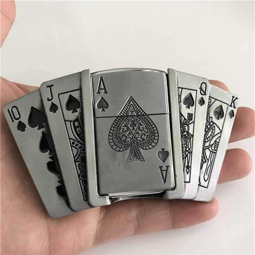 Retail New Spades 10JQKA Playing Cards Kerosene Lighter Cowboys Belt Buckle With Metal Men Belt Accessories Fit 4cm Wide Belt174I7
