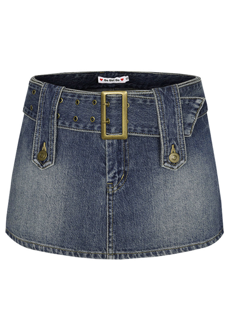 WOMENGAGA Wide Belt Denim Miniskirt For Women Korean Sexy Short Skirts Pocket High Waist Boho Safari Style LU2N 220322