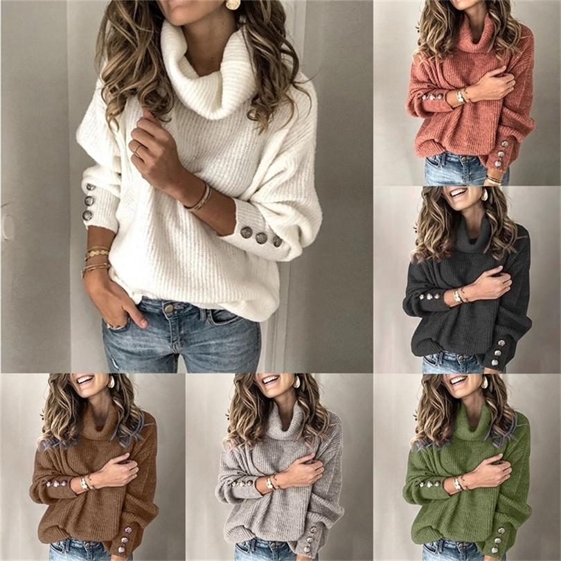 DANALA Women's Fashion Winter Knit Sweater Loose Fit Solid Color Cowl Neck Pullover Knitwear High Collar Warm Sweater For Women T200113