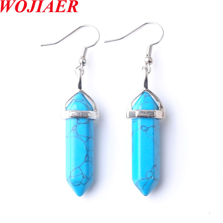 WOJIAER New Women Fashion Long Natural Stone Earrings Ring Necklace Set Rose Quartz Hexagon Point BO959