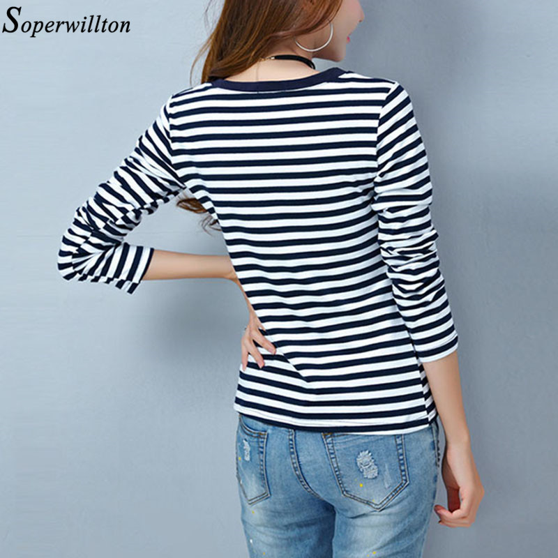 Long Sleeve T Shirt Female Women's Black White Striped Tshirt Cotton Spring Autumn Tee Lady Tops Basic Casual M09 220321