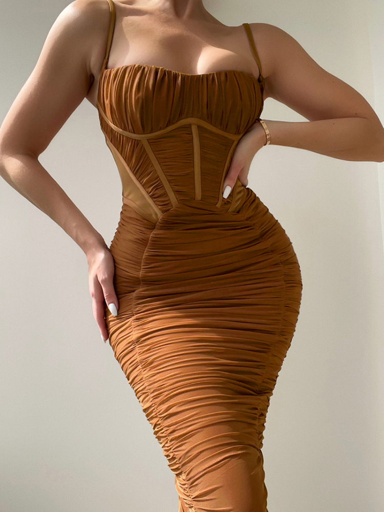Summer Woman Dress Ruched Maxi Bodycon Mesh Sexy Stretchy Spaghetti Strap es Elegant Long Evening Party es 220629