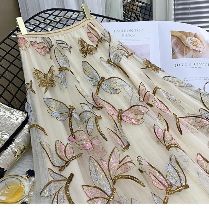 Sequin Mesh Embroidery Dragonfly Long Skirt Women's Spring And Summer Slim High Waist Pleated Sweet Midi Tulle Skirts Female 220317