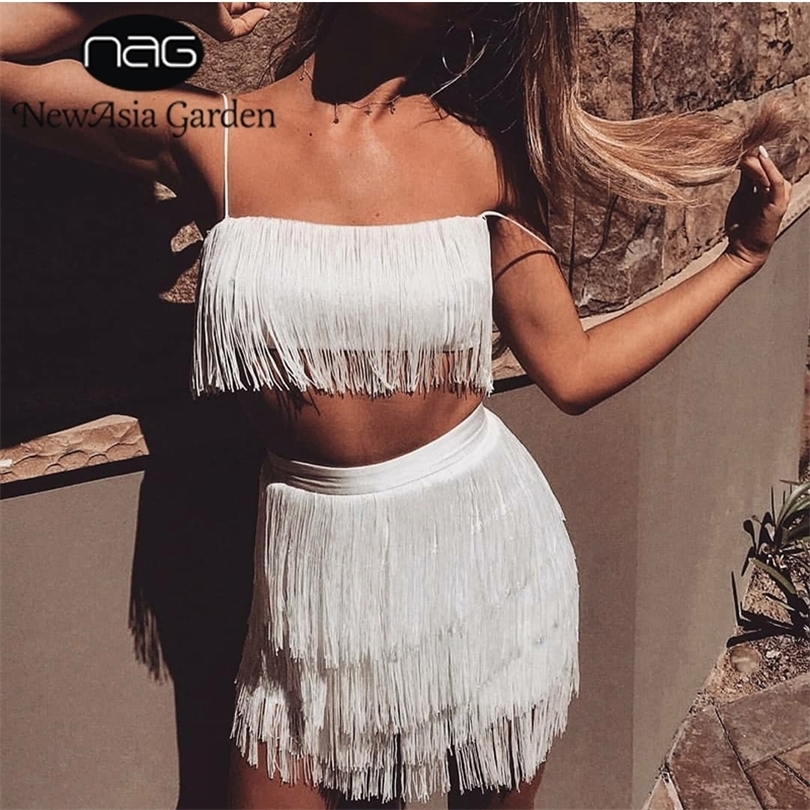 NewAsia Garden Two Piece Set Summer Fringed 2 Piece Set Women Tassel Crop Top And Skirt Set Sexy Outfits For Women Matching Sets