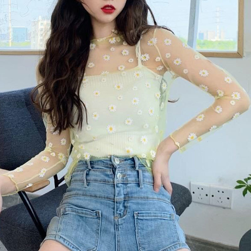 Sweet Lace Tees Women Long Sleeve T Shirt T-shirts Shirt Mesh Top Loose Sun-blocking Unlined Upper Garment With Mesh Base 220516