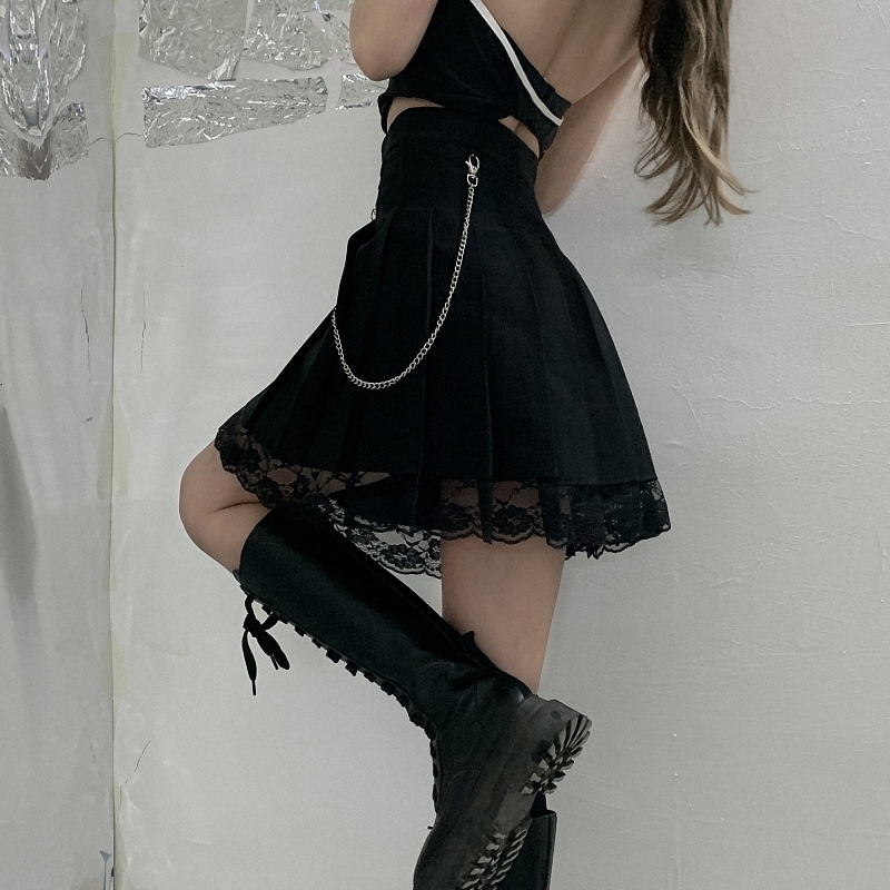 Harajpoo Women Skirts Chain Lace Stitch Y2k Summer Korean Ins Street Black High Waist Student A Line Short Pleated Skirt 220322