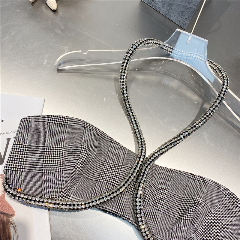 Summer French Ins Style Fashion Plaid Camisole Sexy Diamond-Studded Halterneck Tube Top Women Nightclub Party Tank Tops 220316