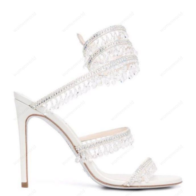 RENE CAOVILLA 10cm stiletto High heel Sandals CRYSTAL Karung open toe Snakelike twining rhinestone sandals women Top quality White Cleo embellished sandal
