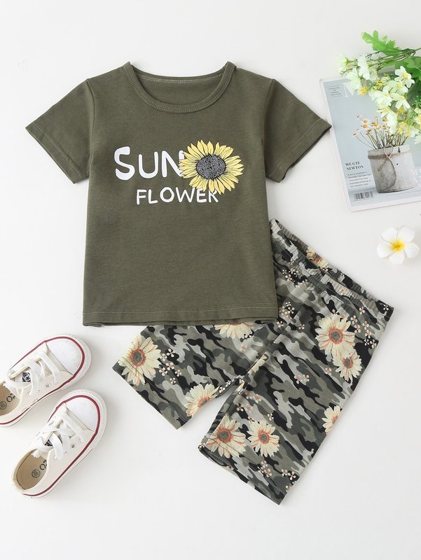 Toddler Girls Sunflower Tee With Camo Biker Shorts SHE