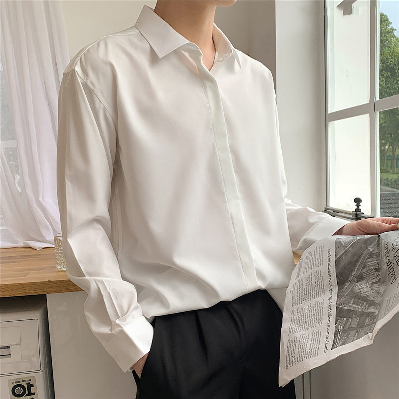 Korean Fashion Drape Shirts for Men Solid Color Long Sleeve Ice Silk Smart Casual Comfortable Button Up Shirt 220322