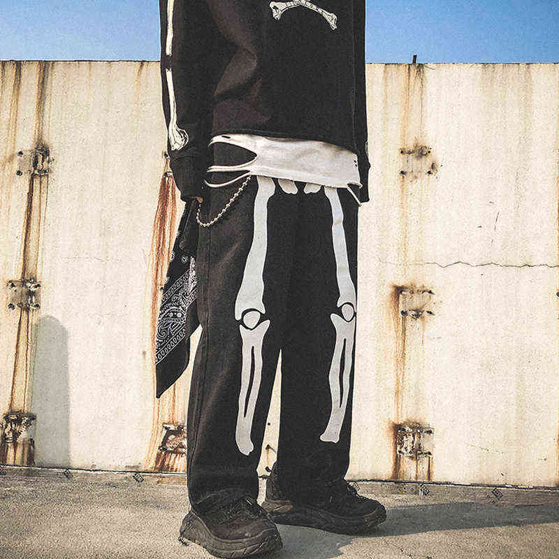 Men Skeleton Oversized Black Jeans Pants 2021 Denim Mens Streetwear Hip Hop Harem Pants High Wasit Denim Pants Overalls G0104