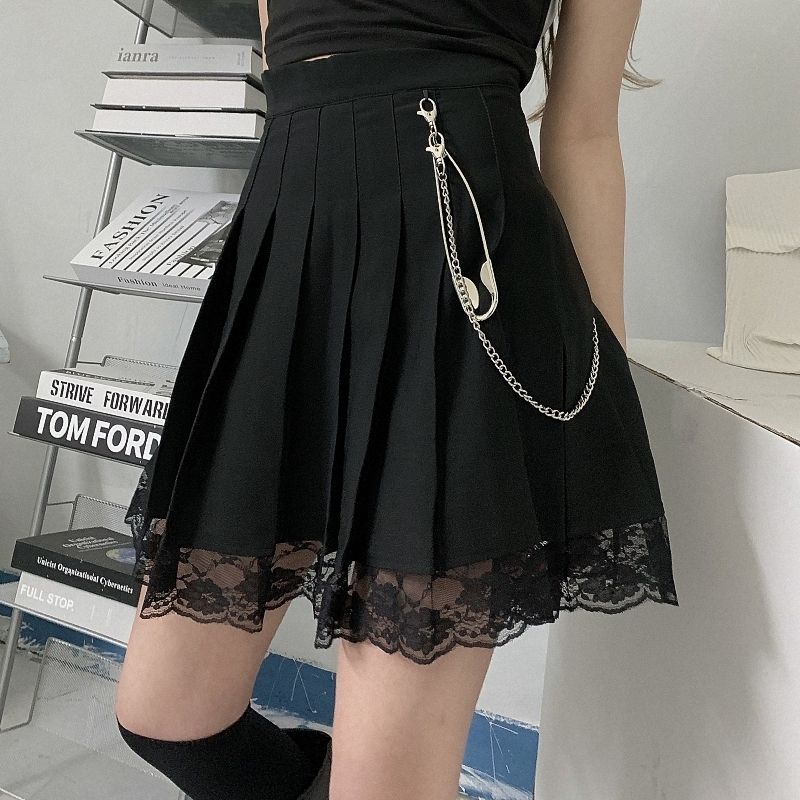 Harajpoo Women Skirts Chain Lace Stitch Y2k Summer Korean Ins Street Black High Waist Student A Line Short Pleated Skirt 220322