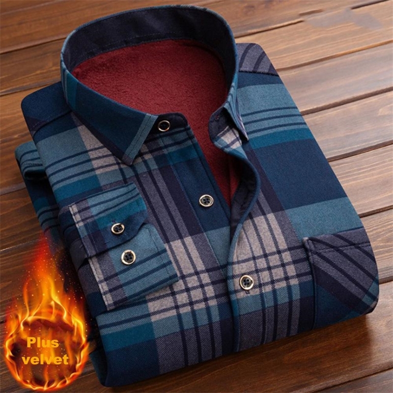 Classic Men Plaind Shirt Autumn Winter Thicken Fleece Business Long Sleeve Turn Down Collar s Blouse 220322