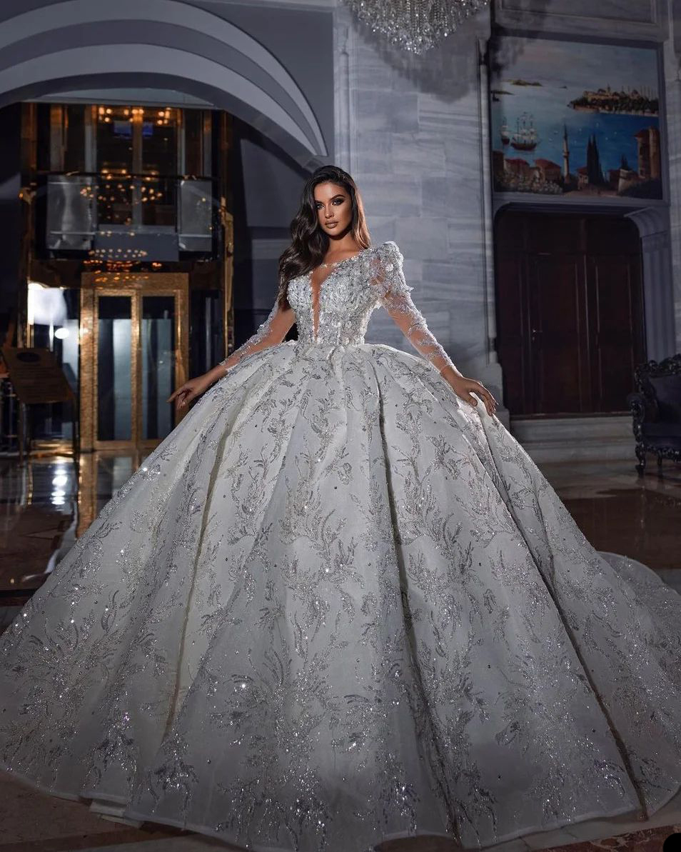 Glitter Cap Sleeves Wedding Dresses Sheer Neck Bridal Gowns Jewel Crystals Long Train Sequined Robe de mariée Custom Made