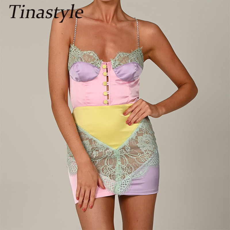 Tinastyle Chains Strap Sexy Satin Dress Women Short Lace Patchwork Bodycon Mini Party Vestidos Y2K Nightclub Streetwear 220613