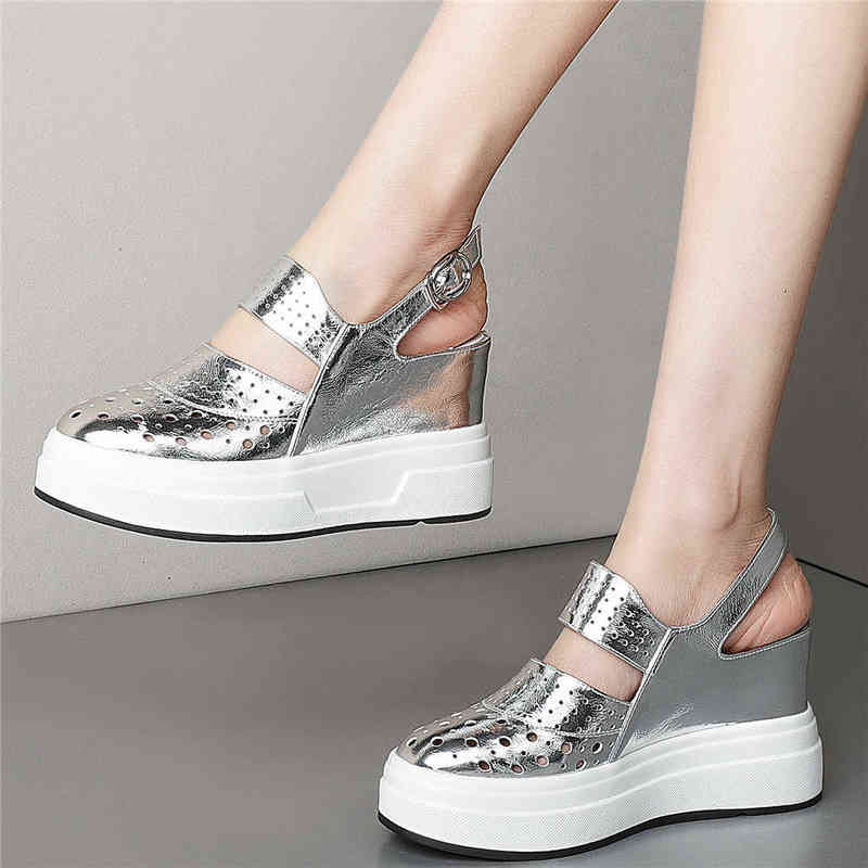 Women Back Strap Genuine Leather Wedges High Heel Roman Gladiator Sandals Female Round Toe Platform Pumps Shoes Casual Shoes Y220421