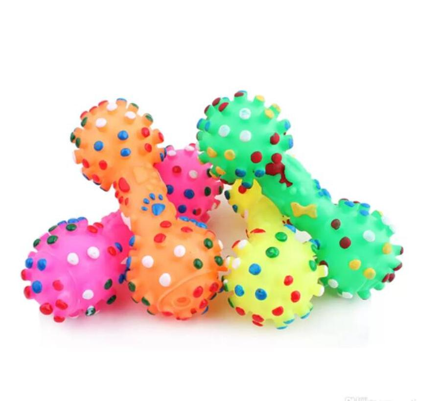 free shipping Colorful Dotted Dumbbell Shaped Dog Squeeze Squeaky Faux Bone Pet Chew Toys For Dogs DHL B0520A01